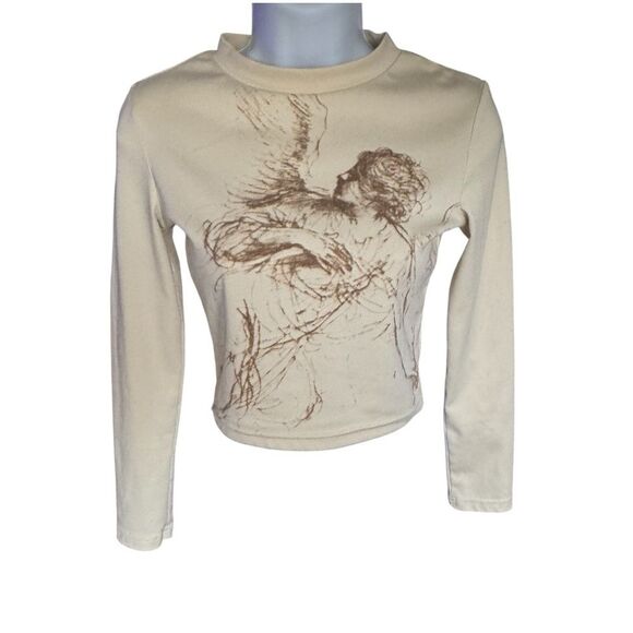 Cream and Brown Long Sleeve Tee with Artistic Print Juniors XS - Picture 1 of 5
